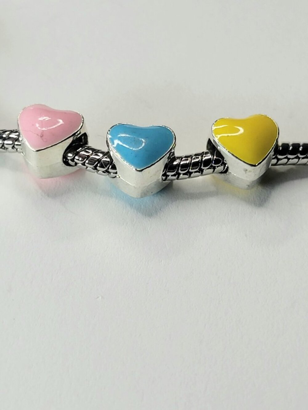 New Three Pastel Heart Charms For Pandora Bracelets Yellow, Blue, Pink Metal